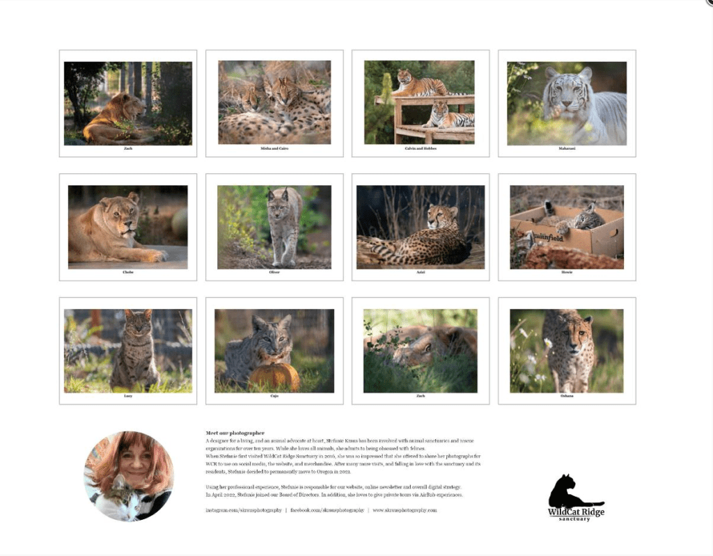 WildCat Ridge Sanctuary 2026 calendar back